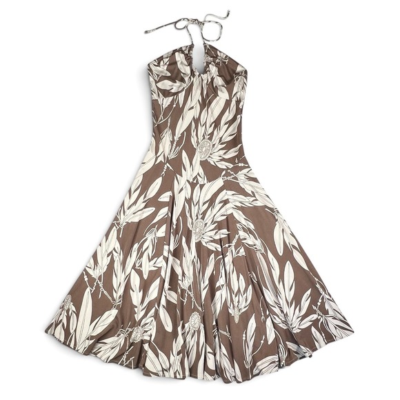 Mara Hoffman Dresses & Skirts - Mara Hoffman Sz Small Jersey Flared Halter Midi Dress Brown Cream Feathers